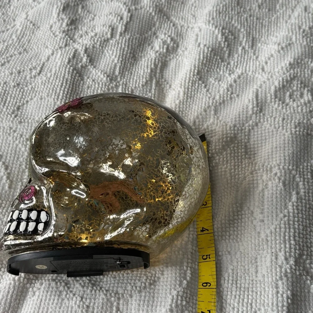 Mercury Glass Sugar Skull Light Up Gold Glitter Floral Dia de los Muertos 6in